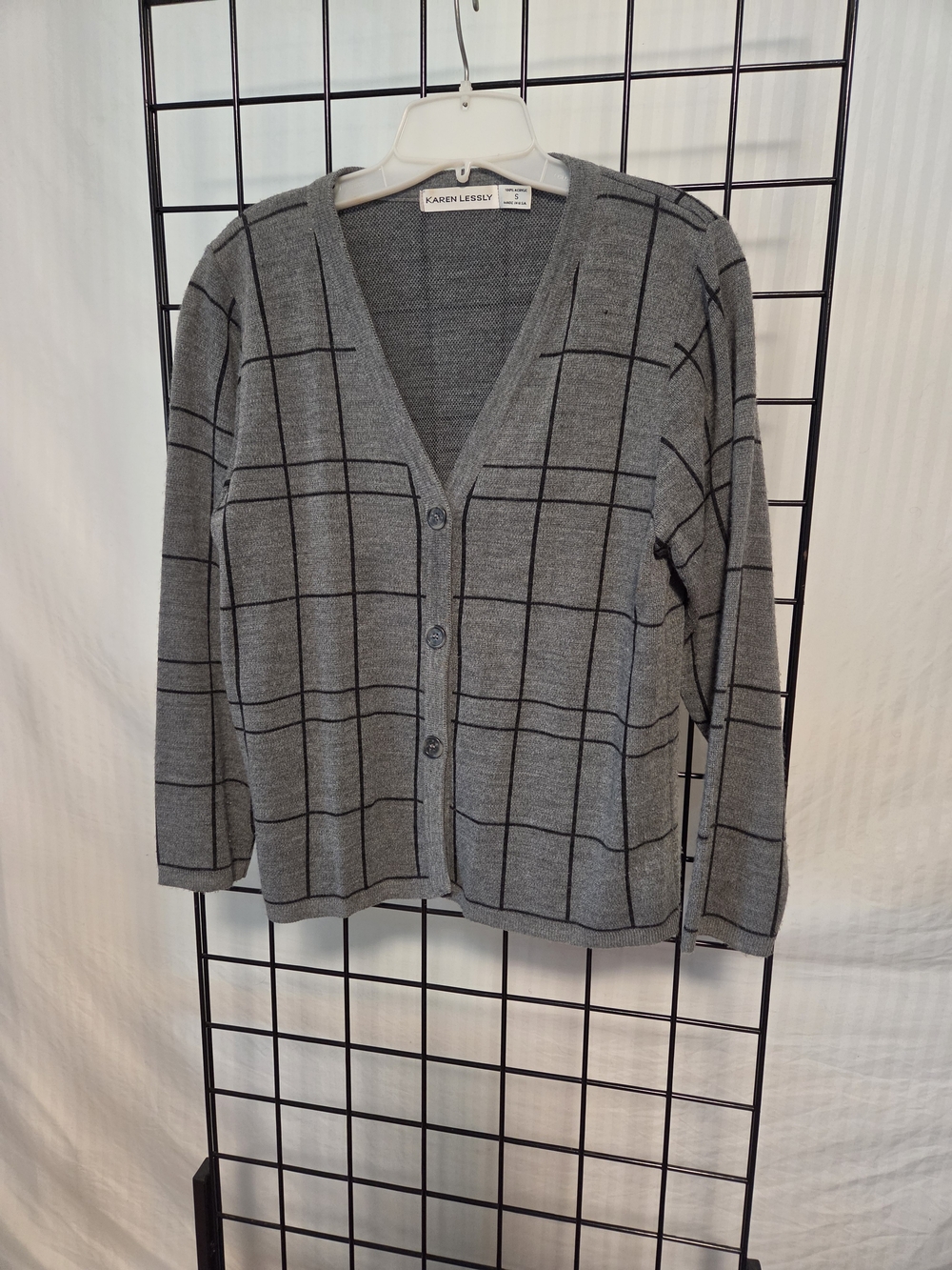 Gray Windowpane V-Neck Cardigan